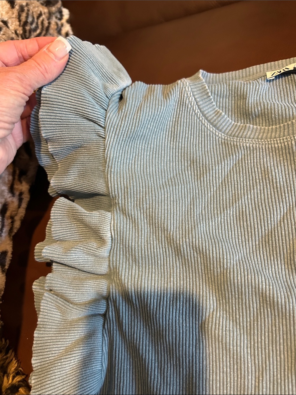 Zara Light Blue Ribbed Ruffle Sleeve Tee - Picture 6 of 6